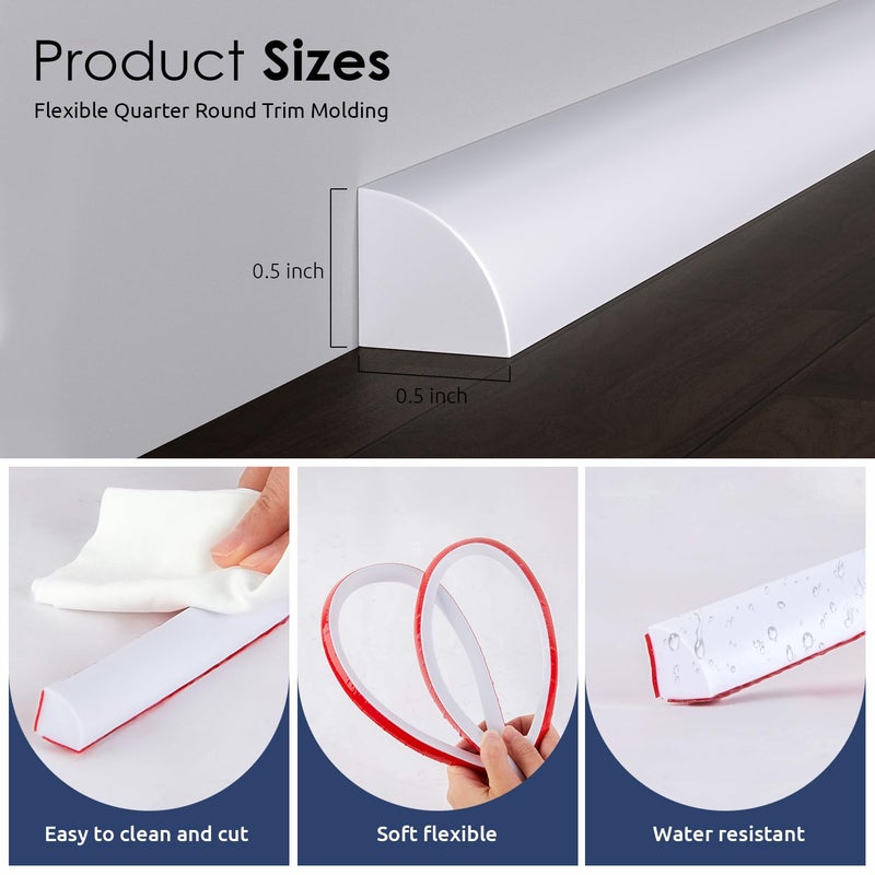 PATTENGO Flexible Quarter Round Molding, 158 Inch Peel and Stick Rubber Quarter Round Trim Molding with Self Adhesive, Waterproof Bendable Molding Trim for Wall Edge Corner ,Staircase Cabinet Edge ,White - Image 4